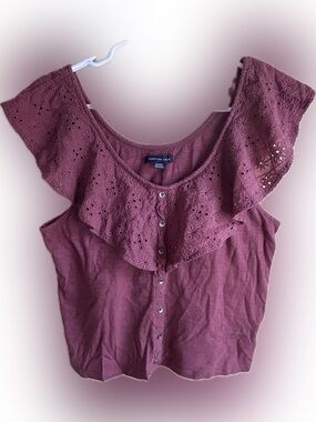 American Eagle Outfitters Rust Eyelet Ruffle Button-Front Women's Crop Top